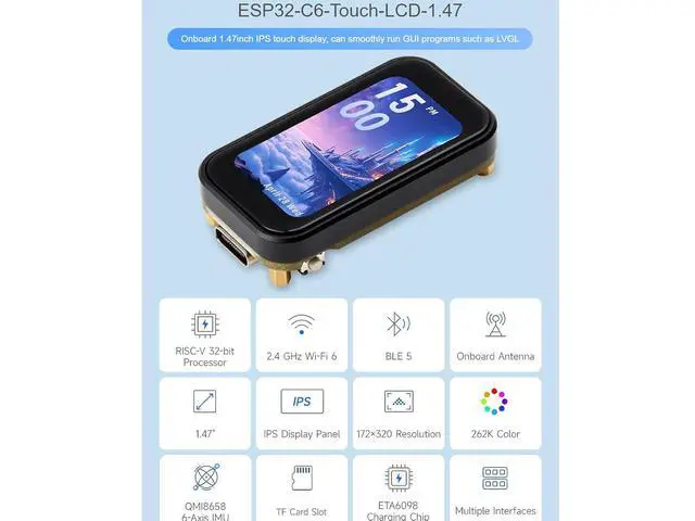 Alt view image 2 of 7 - ESP32-C6 1.47inch Capacitive Touch Display Development Board 172×320 Resolution 262K Color LCD,Supports Wi-Fi 6(802.11 b/g/n) and Bluetooth 5 (LE),160MHz RISC-V Processor