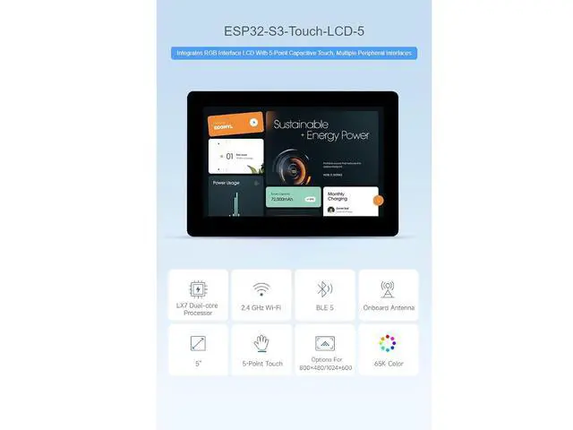 Alt view image 2 of 7 - ESP32-S3 5inch Capacitive Touch LCD Development Board 800×480 Solution IPS Display with 2.4GHz WiFi and BLE 5 Support,32-bit LX7 Dual-core Processor