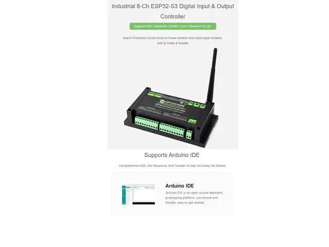 Alt view image 6 of 7 - Industrial ESP32-S3 Control Board,8-Channel Digital Input/Output Ccontroller,Based on ESP32-S3 Main Control, Supporting Wi Fi, Bluetooth, RS485, CAN and Ethernet Port