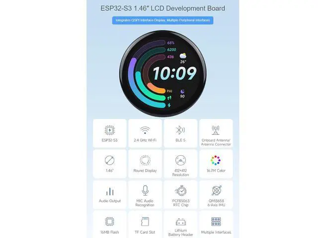 Alt view image 2 of 7 - ESP32-S3 1.46inch Round Display Development Board with Protective Cover Glass 412×412 Resolution 16.7M Color Capacitive Touch IPS Display Panel Onboard Speaker and Microphone