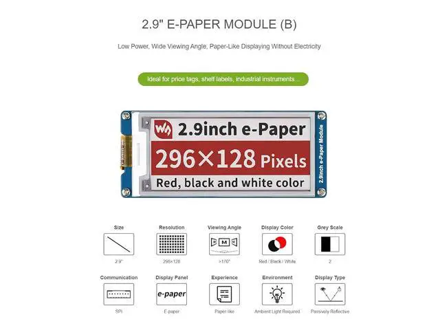 Alt view image 3 of 7 - Three Color 2.9inch E-Ink Display Module (B), 296x128 Resolution 3.3V/5V E-Paper Epaper Display Screen Red Black White Tri-Color Compatible with Raspberry Pi/Arduino/STM32,SPI Interface, Full Refresh