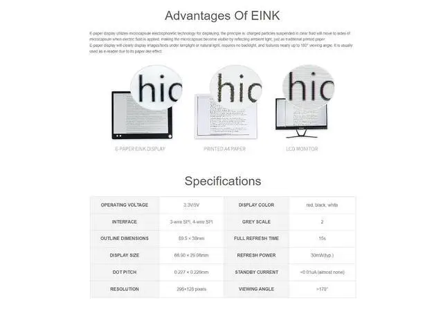 Alt view image 4 of 7 - Three Color 2.9inch E-Ink Display Module (B), 296x128 Resolution 3.3V/5V E-Paper Epaper Display Screen Red Black White Tri-Color Compatible with Raspberry Pi/Arduino/STM32,SPI Interface, Full Refresh