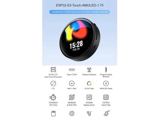 Alt view image 2 of 7 - ESP32-S3 1.75inch AMOLED Round Touch Display Development Board with Case 466×466 Pixels 16.7M Color Display,QSPI Interface,Support Wi-Fi and BLE 5