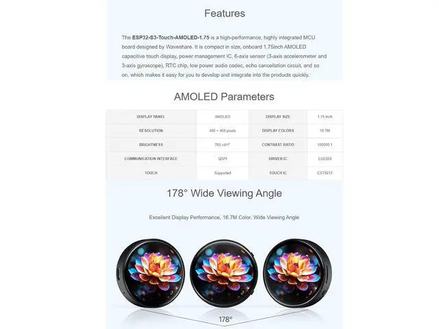 Alt view image 5 of 7 - ESP32-S3 1.75inch AMOLED Round Touch Display Development Board with Case 466×466 Pixels 16.7M Color Display,QSPI Interface,Support Wi-Fi and BLE 5