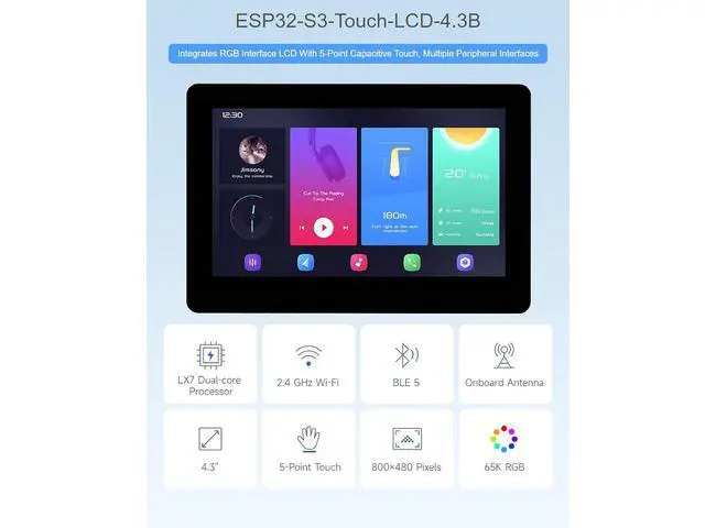 Alt view image 2 of 7 - ESP32-S3 4.3inch Capacitive Touch LCD Development Board Type B with Case 800×480 Solution IPS Display with 2.4GHz WiFi and BLE 5 Support,32-bit LX7 Dual-core Processor