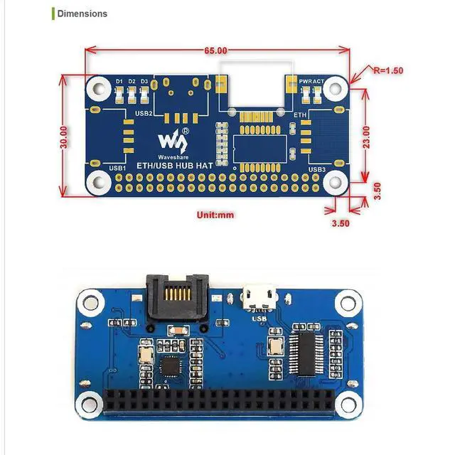 Alt view image 6 of 7 - Ethernet/USB HUB HAT Expansion Board for Raspberry Pi 4 B/3 B+/3 B/2 B/Zero/Zero W /2 W/Zero WH/2WH, with 1 RJ45 10/100M Ethernet Port, 3 USB Ports Compatible with USB2.0/1.1
