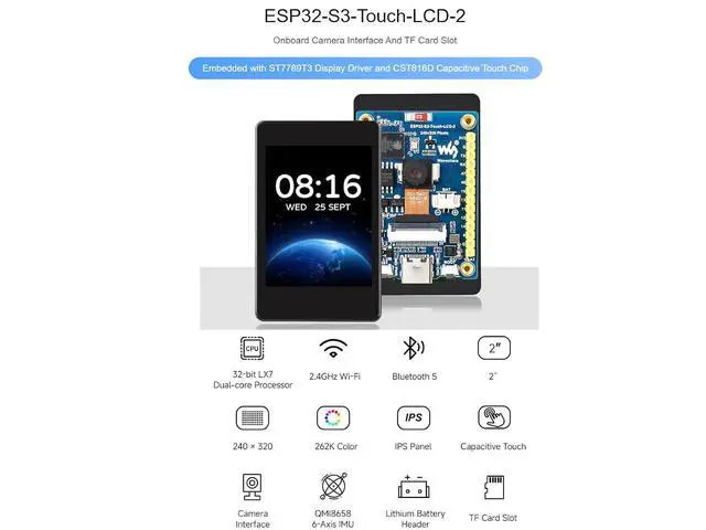 Alt view image 2 of 7 - ESP32-S3 2inch Capacitive Touch Display Development Board 240×320 Pixels IPS Screen Embedded with ST7789T3 Driver and CST816D Chip,Come with OV5640 Camera,Supports WiFi & Bluetooth