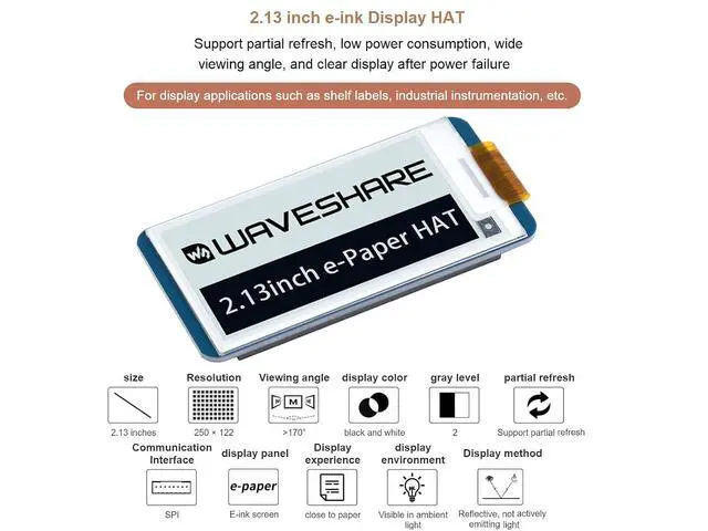 Alt view image 2 of 7 - 2.13inch E-Ink Display HAT V4 Version, 250x122 Resolution 3.3V/5V Black White Two-Color e-paper Screen Module for Raspberry Pi Zero/Zero W/Zero WH/2B/3B/3B+/4B, Supports Partial Refresh, SPI Interface