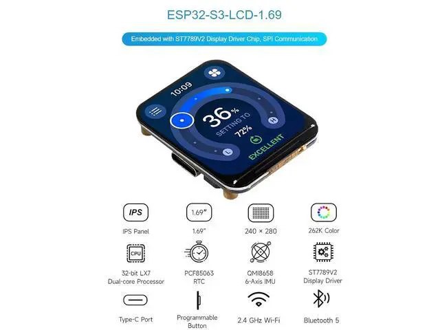 Alt view image 2 of 7 - ESP32-S3 1.69inch LCD Display Development Board,240×280 Pixels 262K Color Micro LCD Display with ESP32-S3,Accelerometer and Gyroscope Sensor