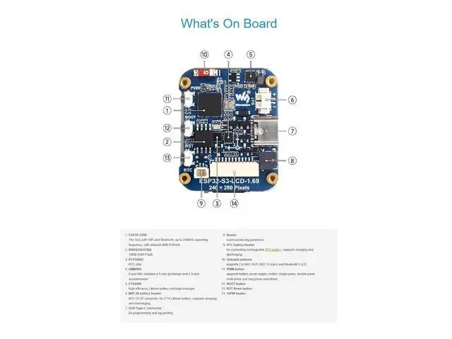 Alt view image 5 of 7 - ESP32-S3 1.69inch LCD Display Development Board,240×280 Pixels 262K Color Micro LCD Display with ESP32-S3,Accelerometer and Gyroscope Sensor