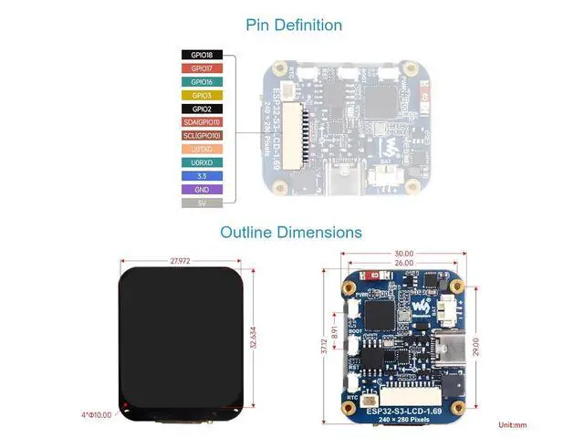 Alt view image 6 of 7 - ESP32-S3 1.69inch LCD Display Development Board,240×280 Pixels 262K Color Micro LCD Display with ESP32-S3,Accelerometer and Gyroscope Sensor