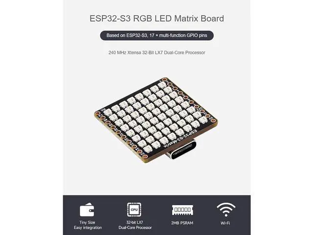 Alt view image 2 of 7 - ESP32-S3 RGB LED Matrix Development Board,Onboard 8×8 RGB LED Matrix,QMI8658C Attitude Sensor,Adopts ESP32-S3FH4R2 Chip with Dual-core Processor,Supports Wi-Fi,Bluetooth 5 (LE)