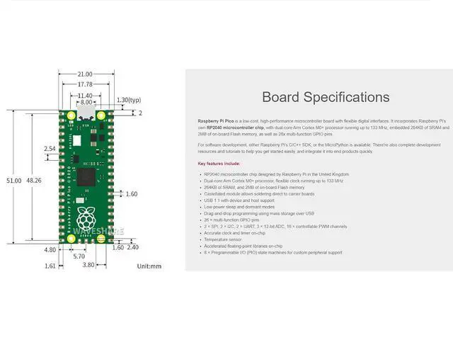 Alt view image 7 of 7 - Pre-soldered Raspberry Pi Pico Microcontroller Development Board with Header,Based on RP2040 Chip, Flexible Clock Running up to 133 MHz,Dual-core Arm Cortex M0+ Processor
