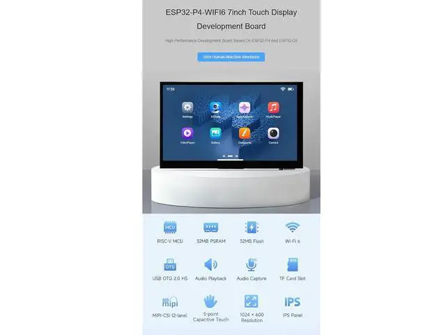Alt view image 2 of 7 - ESP32-P4-WIFI6 7inch IPS Touch Display Development Board with OV5647 Camera,Based On ESP32-P4 and ESP32-C6 1024 × 600 Resolution 5-Point Touch Screen Supports Wi-Fi 6 / Bluetooth 5 (LE)