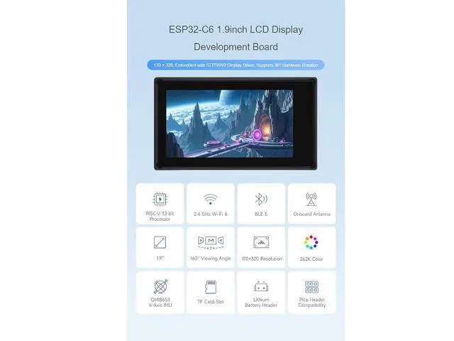 Alt view image 2 of 7 - ESP32-C6 1.9inch Touch Display Development Board,170×320 Pixels 262K Color LCD Screen Support 2.4GHz WiFi and Bluetooth BLE 5 Supports 90°Hardware Rotation