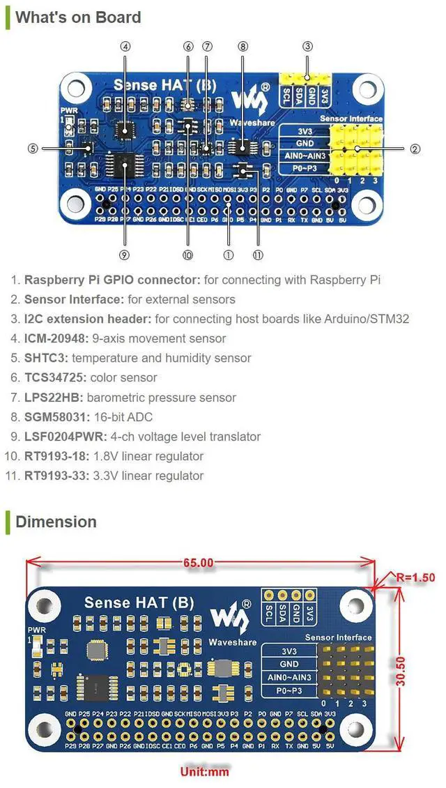 Alt view image 5 of 7 - Sense HAT (B) for Raspberry Pi Onboard Multi Powerful Sensors Supports External Sensors