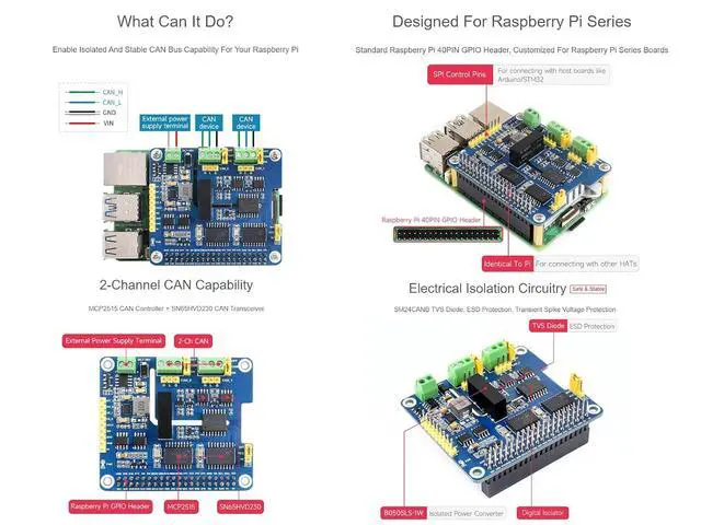 Alt view image 3 of 7 - 2-Channel Isolated CAN Bus Expansion HAT Compatible with Raspberry Pi 5/4B/3B+/Zero/Zero W/Zero WH/Jetson Nano,2-CH CAN HAT with MCP2515 + SN65HVD230 Dual Chips Solution