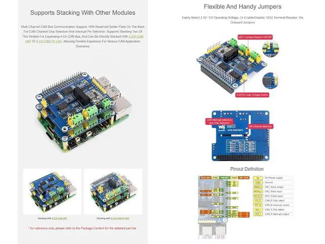 Alt view image 4 of 7 - 2-Channel Isolated CAN Bus Expansion HAT Compatible with Raspberry Pi 5/4B/3B+/Zero/Zero W/Zero WH/Jetson Nano,2-CH CAN HAT with MCP2515 + SN65HVD230 Dual Chips Solution
