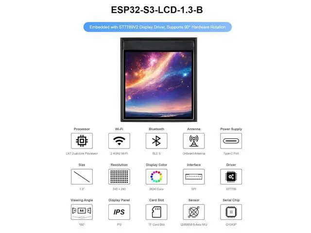 Alt view image 2 of 7 - ESP32-S3 1.3inch Display Development Board with Case 240×240 Pixels 262K Color LCDSupports 90° Hardware Rotation,Built-in ST7789V2 Chip and 6-Axis IMU