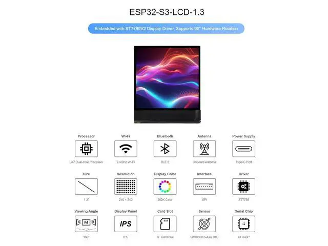 Alt view image 2 of 7 - ESP32-S3 1.3inch Display Development Board 240×240 Pixels 262K Color LCDSupports 90° Hardware Rotation,Built-in ST7789V2 Chip and 6-Axis IMU