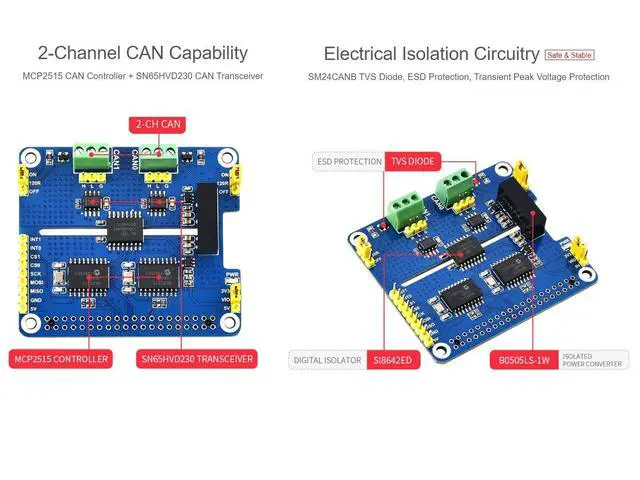 Alt view image 5 of 7 - 2-Channel Isolated CAN Bus Expansion HAT Compatible with Raspberry Pi/Arduino/STM32,2-CH CAN HAT with MCP2515 + SN65HVD230 Dual Chips Solution,Multi Onboard Protection Circuits