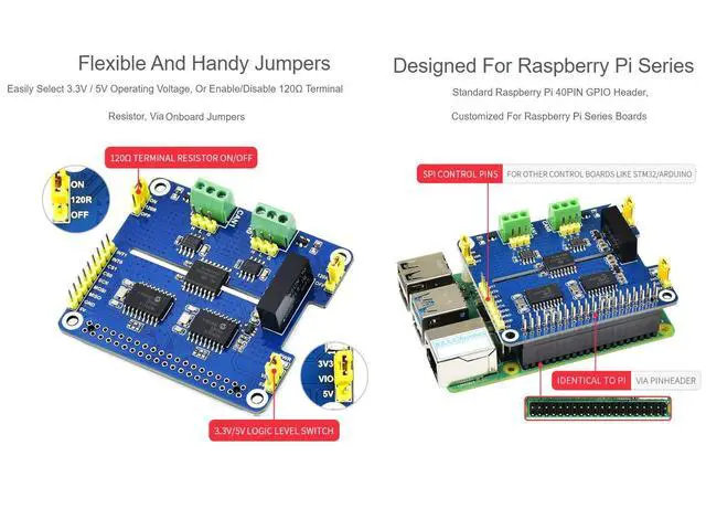 Alt view image 6 of 7 - 2-Channel Isolated CAN Bus Expansion HAT Compatible with Raspberry Pi/Arduino/STM32,2-CH CAN HAT with MCP2515 + SN65HVD230 Dual Chips Solution,Multi Onboard Protection Circuits