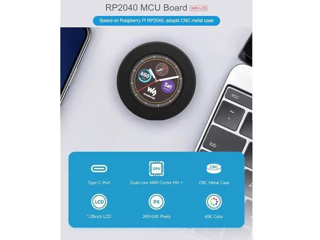 Alt view image 2 of 7 - RP2040 MCU Board with 1.28inch Round Touch LCD with CNC Metal Case 240×240 Pixels 65K RGB Color IPS Display, Based on Raspberry Pi RP2040,Onboard Accelerometer and Gyroscope Sensor