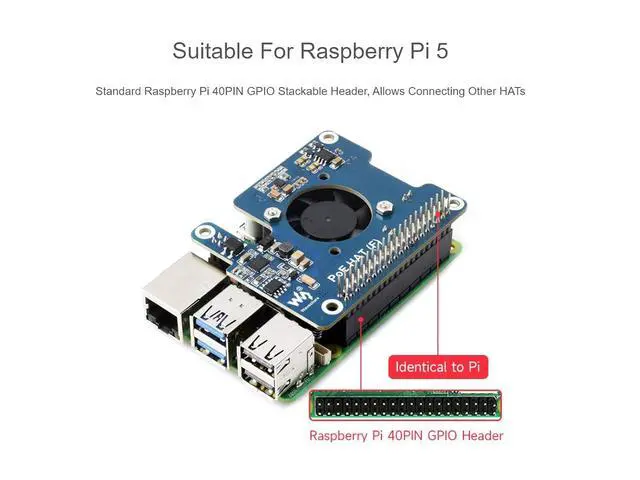 Alt view image 4 of 7 - PoE HAT (F) for Raspberry Pi 5,Power Over Ethernet HAT (F) Expansion Board for Raspberry Pi 5,802.3af/at Network Standard,High Power, Onboard Cooling Fan, with Metal Heatsink