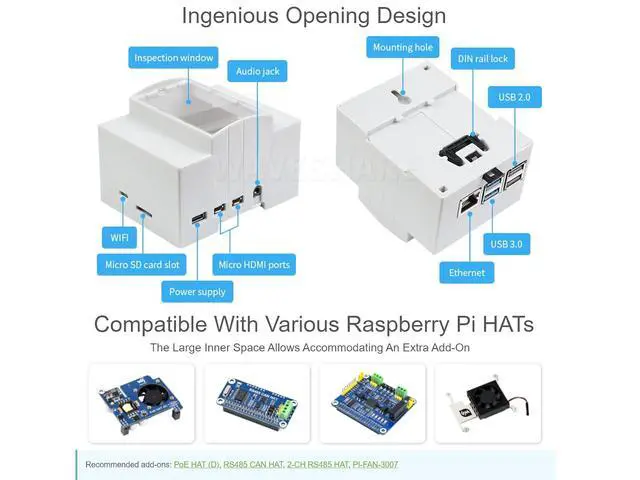 Alt view image 5 of 7 - Raspberry Pi 4 Case, DIN Rail ABS Case, Clear Top Window, Large Inner Space, Compatible with Various Raspberry Pi HATs