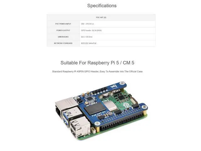 Alt view image 3 of 7 - PoE HAT (H) with Case for Raspberry Pi 5 / CM 5,Power Over Ethernet HAT (H) Expansion Board,802.3af/at Network Standard,Isolated Switched-Mode Power Supply,5V 5A Output