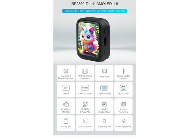 Alt view image 2 of 7 - RP2350 1.8inch Touch AMOLED Display Development Board 368×448 Pixels 16.7M Color Display,Embedded with SH8601 Display Driver and FT3168 Capacitive Touch Chip