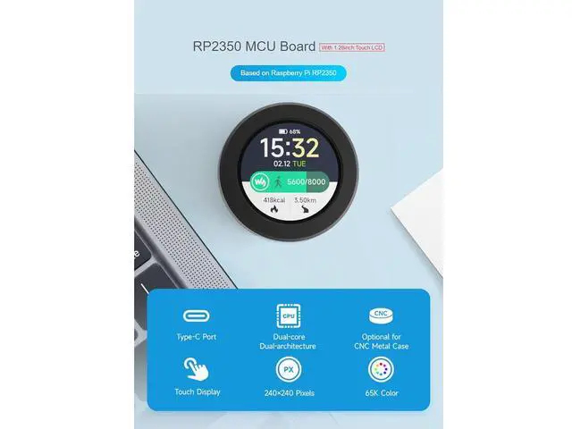 Alt view image 2 of 6 - RP2350 MCU Board with 1.28inch Round Touch LCD with Metal Case,240×240 Pixels 65K Color IPS Display,6-axis SensorDual-core & Dual-Architecture Design