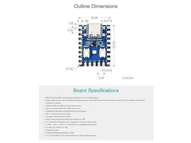 Alt view image 6 of 7 - RP2350-Zero Mini Development Board with Pre-soldered Header,Pico-Like MCU Board Based on Raspberry Pi Microcontroller Chip RP2350A,USB-C Connector, Support C/C++,MicroPython
