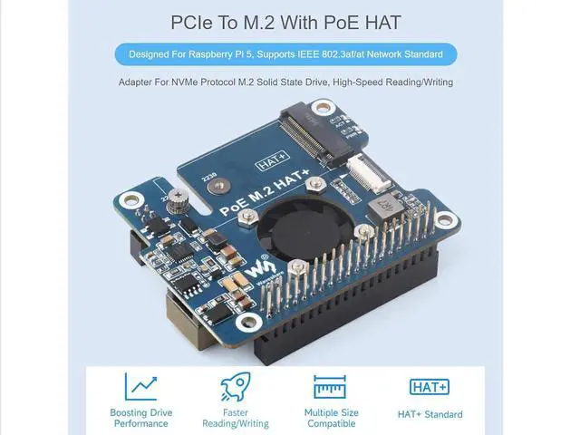 Alt view image 2 of 7 - PCIe to M.2 Adapter with PoE HAT for Raspberry Pi 5,Supports NVMe Protocol M.2 SSD 2230/2242,Supports IEEE 802.3af/at Network Standard