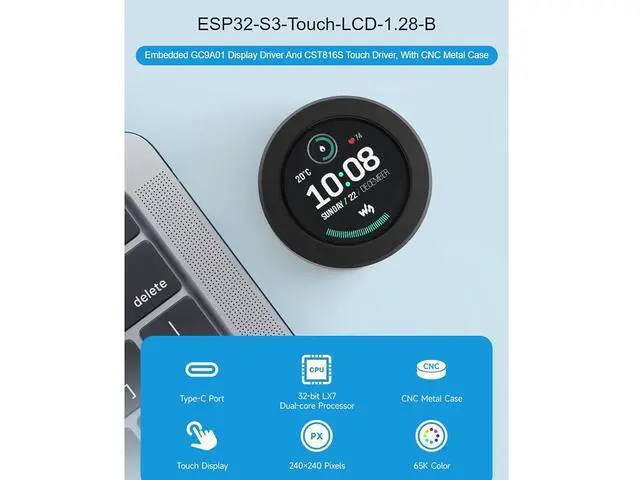 Alt view image 2 of 7 - ESP32-S3 Development Board Onboard 1.28inch Round Touch LCD Display with CNC Metal Case,Support 2.4 GHz Wi-Fi and Bluetooth 5(LE),Embedded GC9A01 Driver and CST816S Touch Control Chip