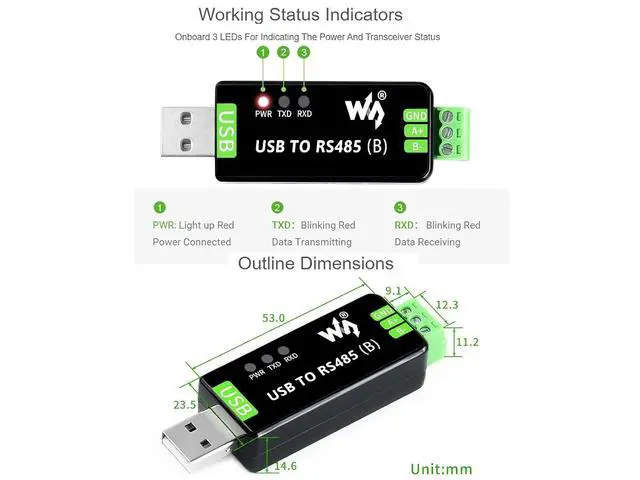 Alt view image 5 of 7 - Industrial USB to RS485 Converter Adapter Original CH343G and SP485EEN Chip,Lightningproof Tube, Resettable Fuse, ESD And TVS Protection Circuits ,Supports Mac, Linux, Android, WinCE, Windows