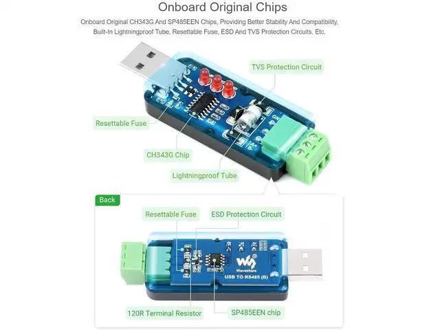 Alt view image 4 of 7 - Industrial USB to RS485 Converter Adapter Original CH343G and SP485EEN Chip,Lightningproof Tube, Resettable Fuse, ESD And TVS Protection Circuits ,Supports Mac, Linux, Android, WinCE, Windows