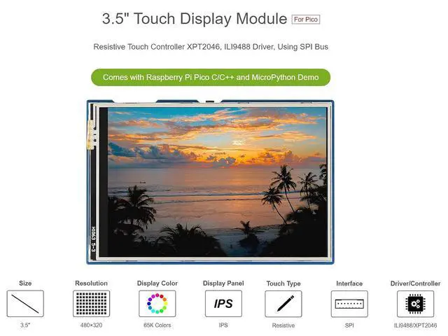 Alt view image 2 of 7 - for Raspberry Pi Pico LCD 3.5inch Touch Display Module 480×320 Resolution 65K Colors Display IPS Screen,Resistive Touch Controller XPT2046, ILI9488 Driver, Using SPI Bus