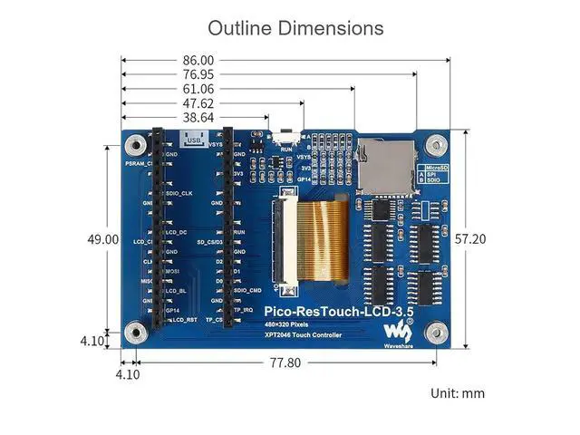 Alt view image 6 of 7 - for Raspberry Pi Pico LCD 3.5inch Touch Display Module 480×320 Resolution 65K Colors Display IPS Screen,Resistive Touch Controller XPT2046, ILI9488 Driver, Using SPI Bus