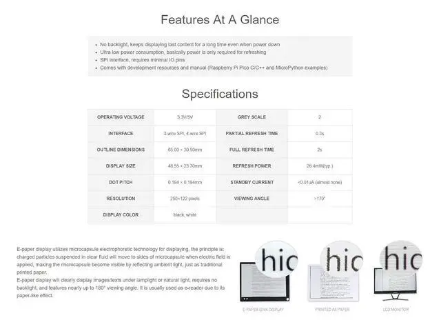 Alt view image 7 of 7 - 2.13inch E-Ink Display HAT 250×122 Pixels Black White Two Color E-Paper Module epaper Screen for Raspberry Pi Pico Microcontroller Board,Support Partial Refresh