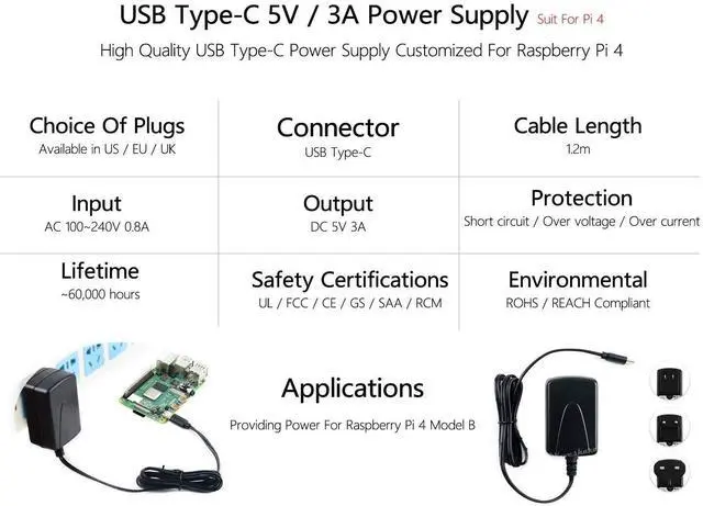 Alt view image 3 of 4 - for Raspberry Pi 4 Power Supply USB-C 5V 3A Adapter Charger with Multi Protections