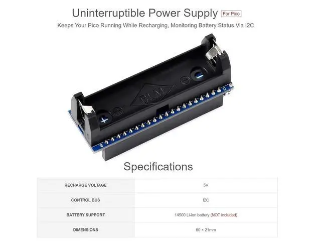 Alt view image 4 of 7 - UPS Module for Raspberry Pi Pico Board Uninterruptible Power Supply UPS HAT Power Management Expansion Board 5V,Monitoring Battery Operating Status via I2C Bus