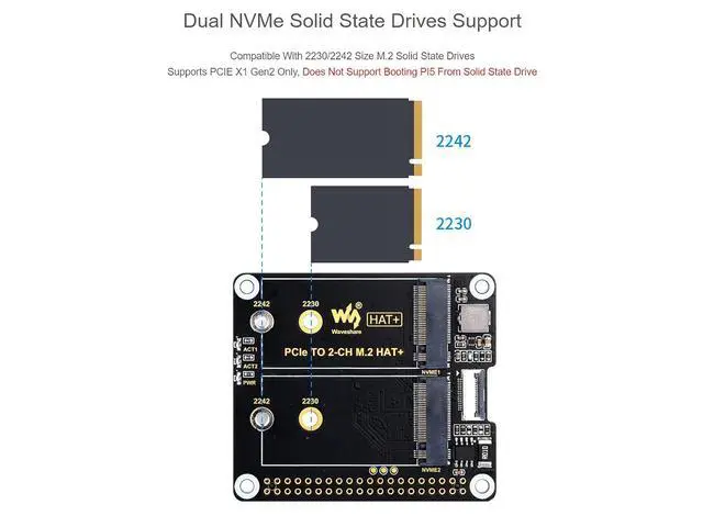 Alt view image 4 of 7 - PCIe to 2-ch M.2 Adapter for Raspberry Pi 5,2-Ch NVMe Protocol M.2 Solid State Drive Adapter,Support M.2 NVMe SSD 2230 2242,Supports PCIE X1 Gen2 Only