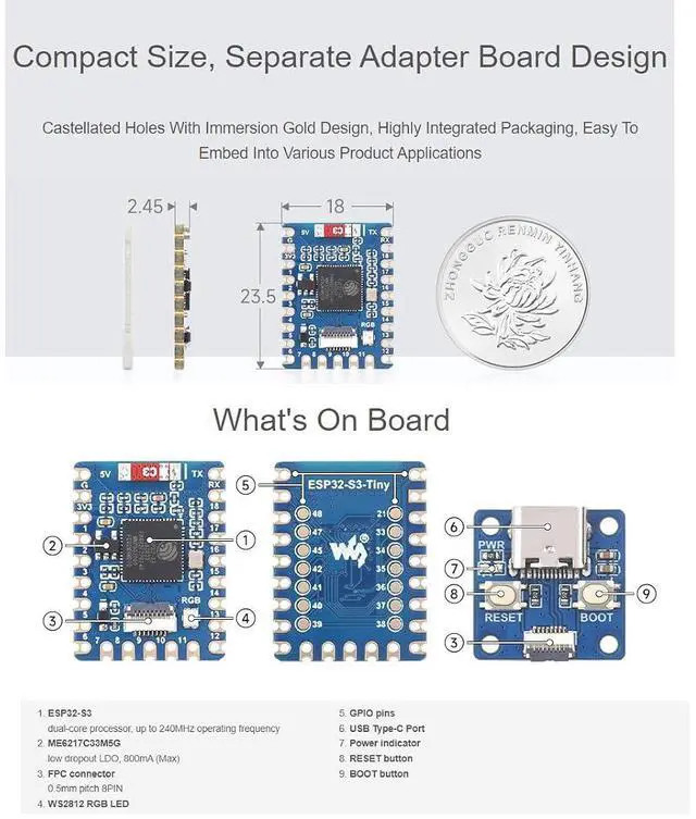 Alt view image 6 of 7 - ESP32-S3 Mini Development Board with USB Port Adapter Board Based on ESP32-S3FH4R2 Dual-Core Processor,2.4GHz Wi-Fi and Bluetooth LE Support,240MHz Running Frequency