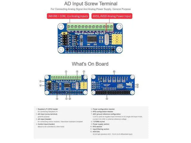 Alt view image 6 of 7 - High-Precision AD HAT for Raspberry Pi, ADS1263 10-Ch 32-bit ADC, GPIO Connectivity