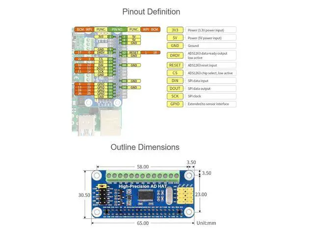 Alt view image 7 of 7 - High-Precision AD HAT for Raspberry Pi, ADS1263 10-Ch 32-bit ADC, GPIO Connectivity