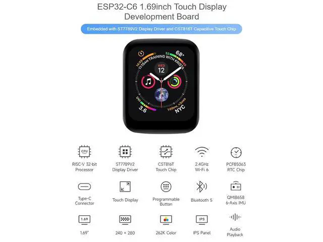 Alt view image 2 of 7 - ESP32-C6 1.69inch Touch LCD Development Board 240×280 Pixels 262K Color IPS Display Supports Wi-Fi 6 / BLE 5 and AI Voice Interaction