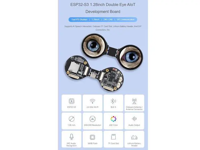 Alt view image 2 of 7 - ESP32-S3 1.28inch Double Eye Round LCD AIoT Development Board240 × 240 Resolution Dual IPS Displays65K ColorsSupports AI Speech InteractionSupports Wi-Fi/Bluetooth 5