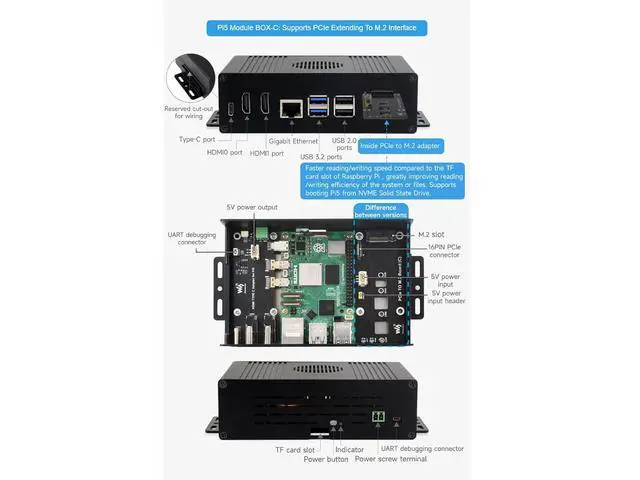 Alt view image 4 of 7 - Multi-Functional All-in-one Mini-Computer Kit Designed for Raspberry Pi 5,Aluminum Alloy Case+Pi5 HDMI and Type-C Adapter+PCIe to M.2 Board