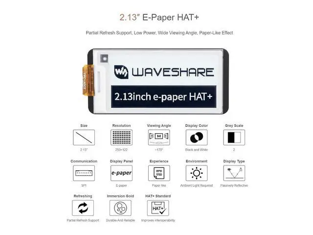 Alt view image 2 of 7 - 2.13inch E-Paper HAT+ for Raspberry Pi 5/ 4B/3B+/3B/2B/A+/Zero W/WH/Zero 2 W/Jetson Nano,250x122 Pixel 2.13inch E-Ink Display HAT Two-Color e-paper ModuleSPI Interface